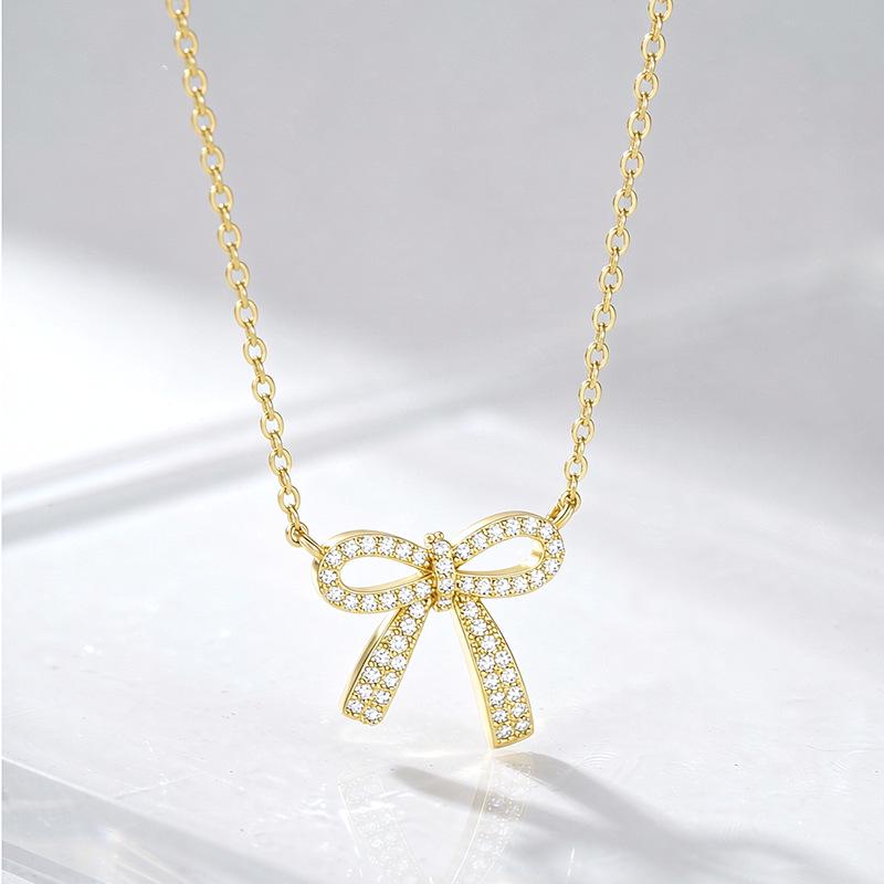 18K Gold Zircon Copper Bow Necklace with Full Diamond Clavicle Chain