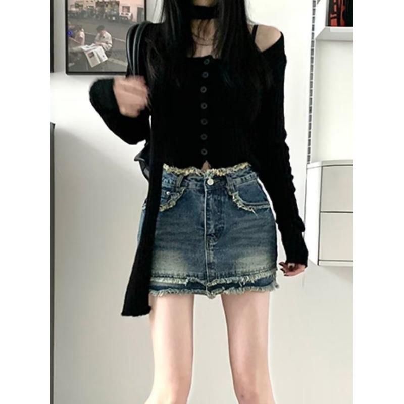 Gonna di jeans a vita alta con bordo grezzo Gonna corta per donna Pacchetto estivo taglie forti Gonna a trapezio all'anca Gonna a metà corpo