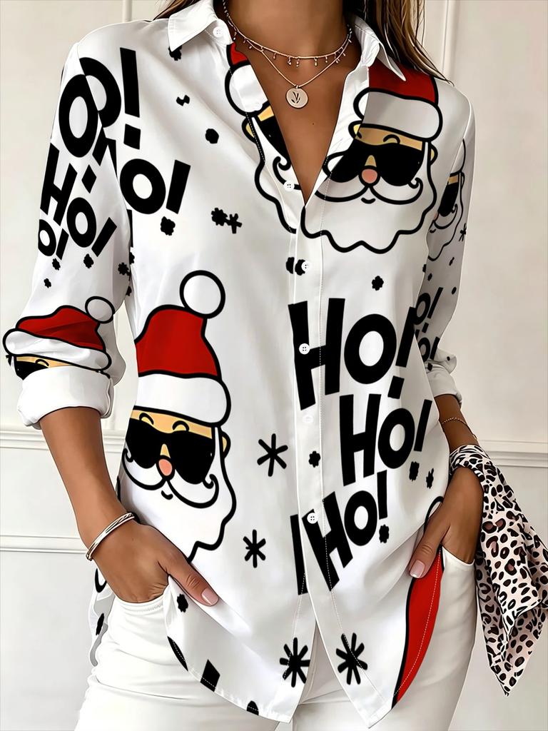 Women's long-sleeved shirt, trendy Santa Claus pattern, versatile commuting daily wear
