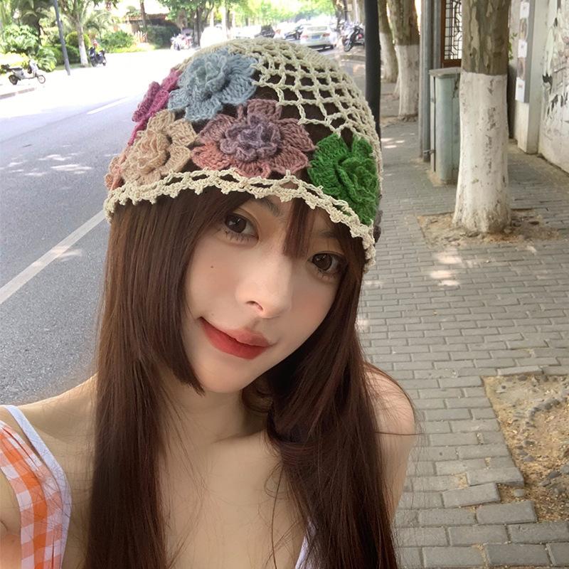 Japanese Hyunya Style Flower Hollow Knitted Hat Women'S Autumn And Winter Handmade Colored Sweet Wool Hat Literary Bag Head Hat