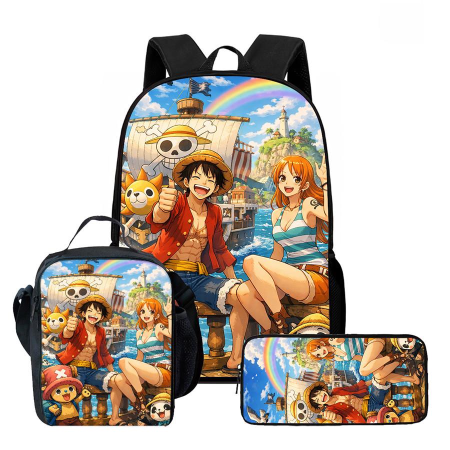 One Piece Anime Backpack 3Pcs Set Cartoon School Backpack Crossbody Bag Pencil Case Student Schoolbag Travel Backpack Gift