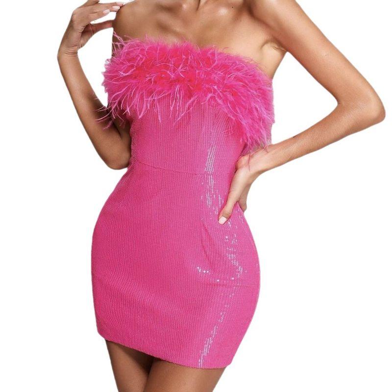 Fashion New Arrival Party Dress Silm Sexy Tube Top Dress Faux Fur Patchwork Sequin off-Neck Bodycon Dress