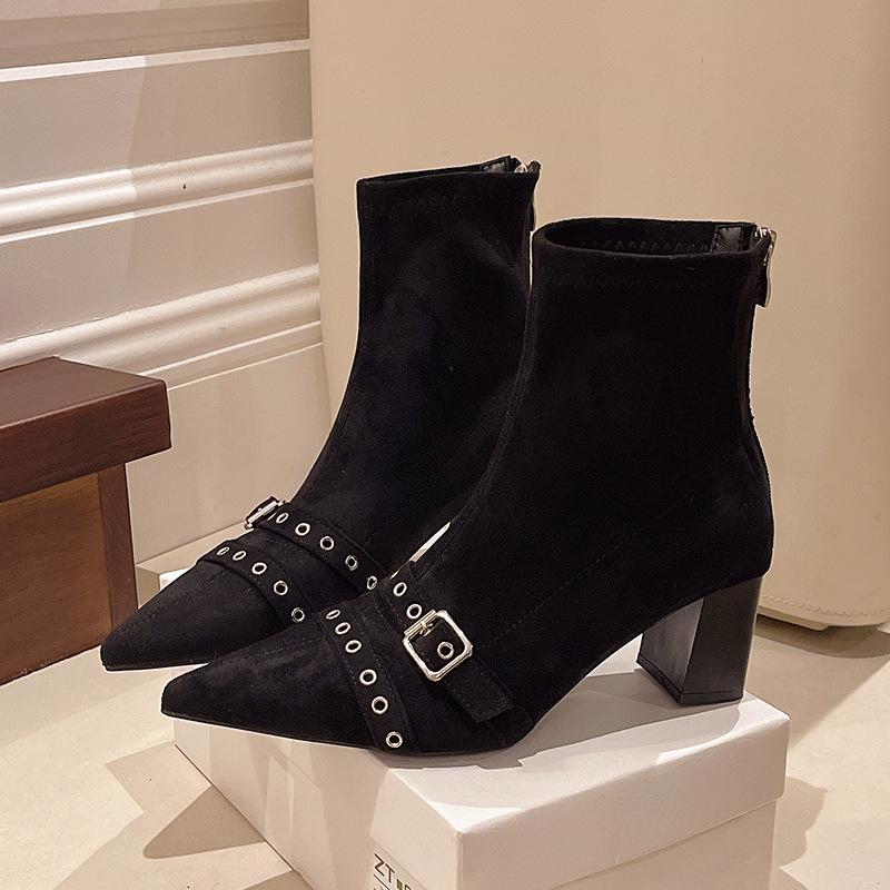 

pointed belt buckle thick heel short boots women s autumn 2025 new European and American style high heel rear zipper thin boots 35
