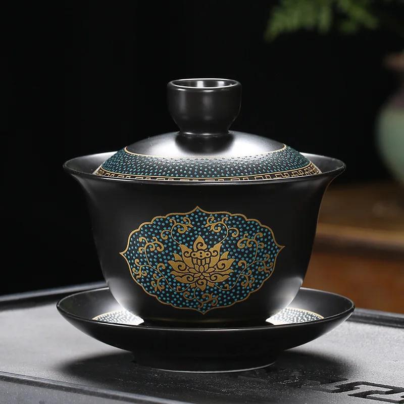 Chinese Teaset Classical Gaiwan Tea Cups Black Clay Tureen Lid Bowl Saucer Traditional Handmade Tea Brew Tea Cup