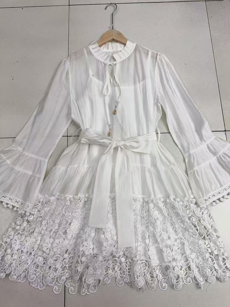 White dress autumn stand-up collar horn sleeve long sleeve lace splicing hollow sweet cute short skirt women