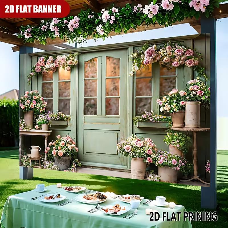 2D Floral Doorway Backdrop, Vintage Flower Shop with Potted Roses Background