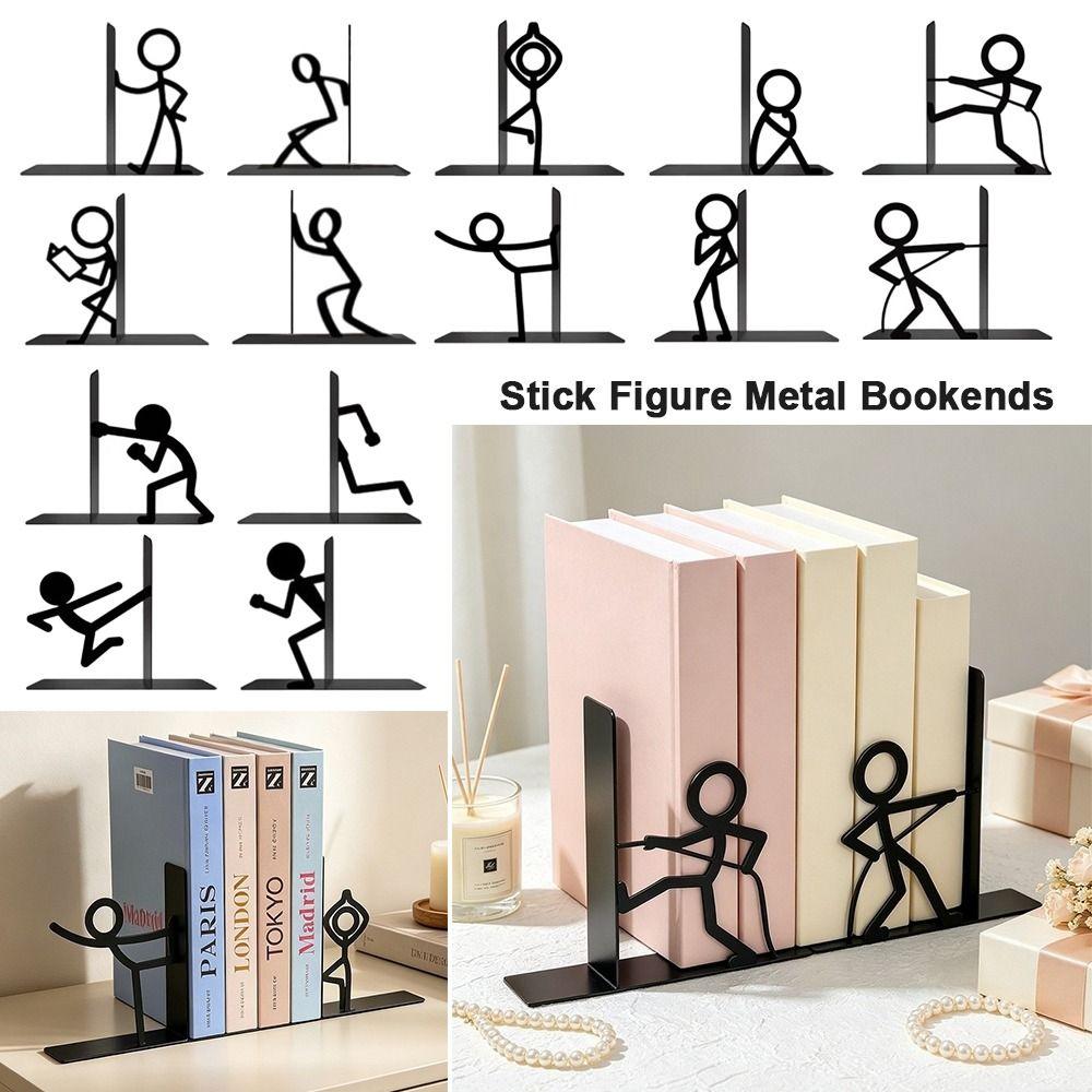 1Pair Stick Figure Metal Bookends Iron Art Desktop Decorative Bookend School Office Supplies