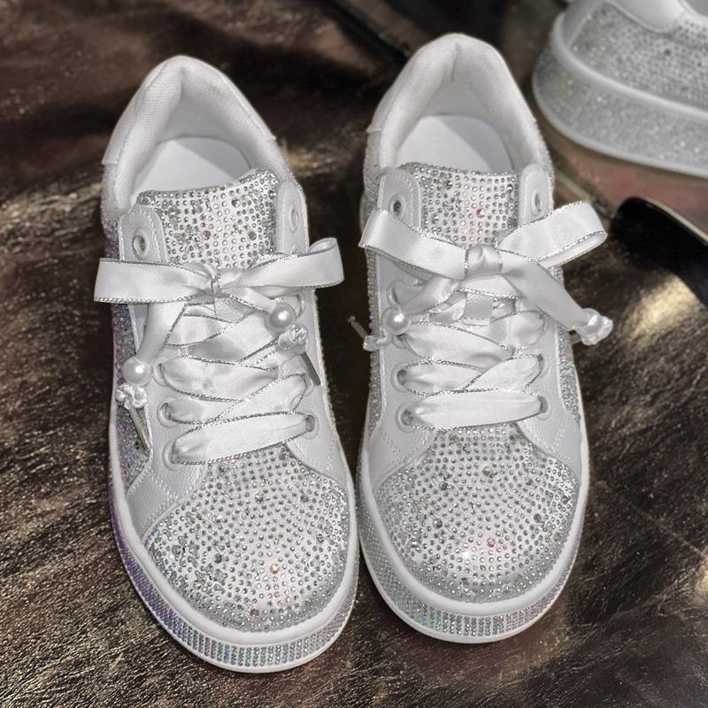 Women's Fully Rhinestone Sneakers, Crystal Embellished Platform Flats, European Fashion Athletic Shoes for Women