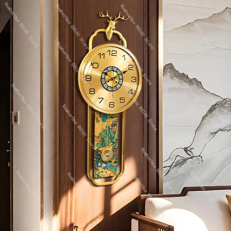 New Chinese-Style Brass Wall Clock,Elegant Living Room Decoration,Creative Jiangshan Chart Wall-Mounted Silent Quartz