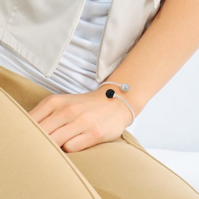 Bangle Bracelet - LOVA LOLA VAN DER KEEN - 2 Black and White Crystal Balls - 925 Sterling Silver - 14 To 20 Cm
