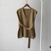 Split Hem Waist Coat with Belt Women's Autumn and Winter V-neck Knitted Vests Outer Wear Korean Version Loose Vest Women's Sleeveless Top