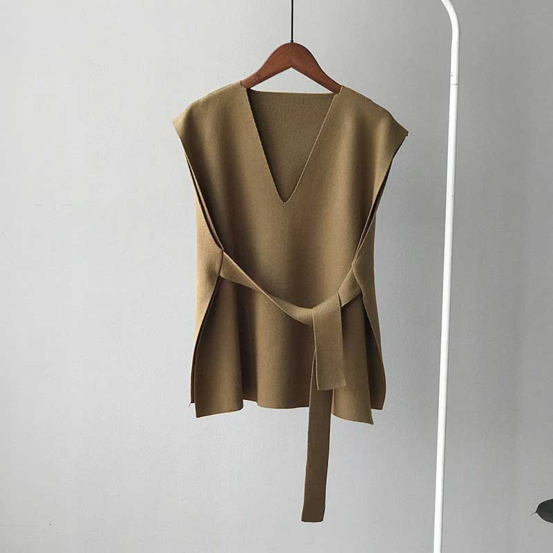 Split Hem Waist Coat with Belt Women's Autumn and Winter V-neck Knitted Vests Outer Wear Korean Version Loose Vest Women's Sleeveless Top
