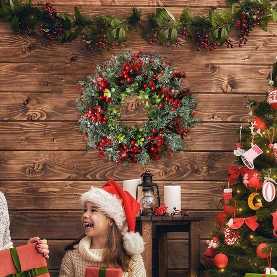 Artificial Red Berry Wreath Indoor Outdoor Front Door Wall Hanging Christmas Holy Berry Garland Holiday Party Decoration Ornament