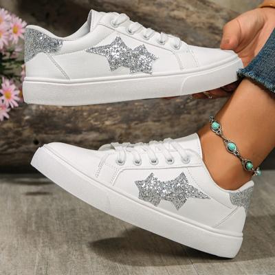 Fashion Spring Autumn Casual Flat White Shoes Star Pattern Lace-up Vulcanized Shoes Comfortable Breathable Fashion Sequins Student Shoes