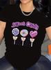 Women's Sweet Candy Lollipop Print Short Sleeve T-Shirt Cute Heart Candy Cane Design with Sweet Gummy Bear Women Tops Clothing