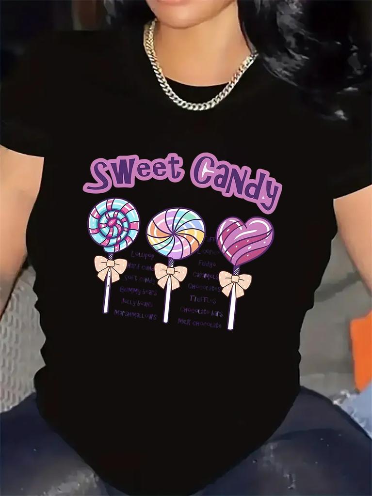 Women's Sweet Candy Lollipop Print Short Sleeve T-Shirt Cute Heart Candy Cane Design with Sweet Gummy Bear Women Tops Clothing