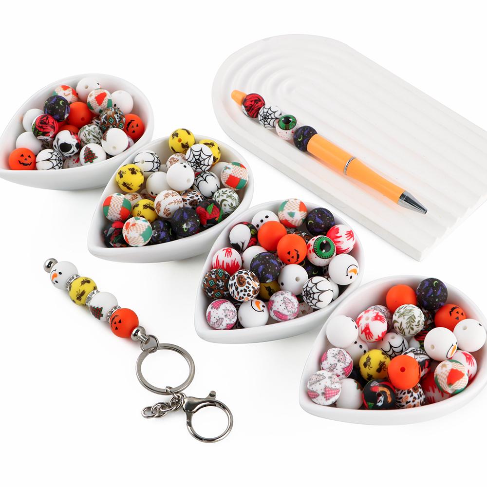 NEW Christmas Series Printed Silicone Beads 20Pcs/15mm  DIY Keychain Necklace Bracelet Accessories For Jewelry Making