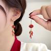 Chinese Style Red Lantern Firecracker Fringed Earrings Atmospheric High-End Long New Year'S Earrings Light Luxury Retro Earrings