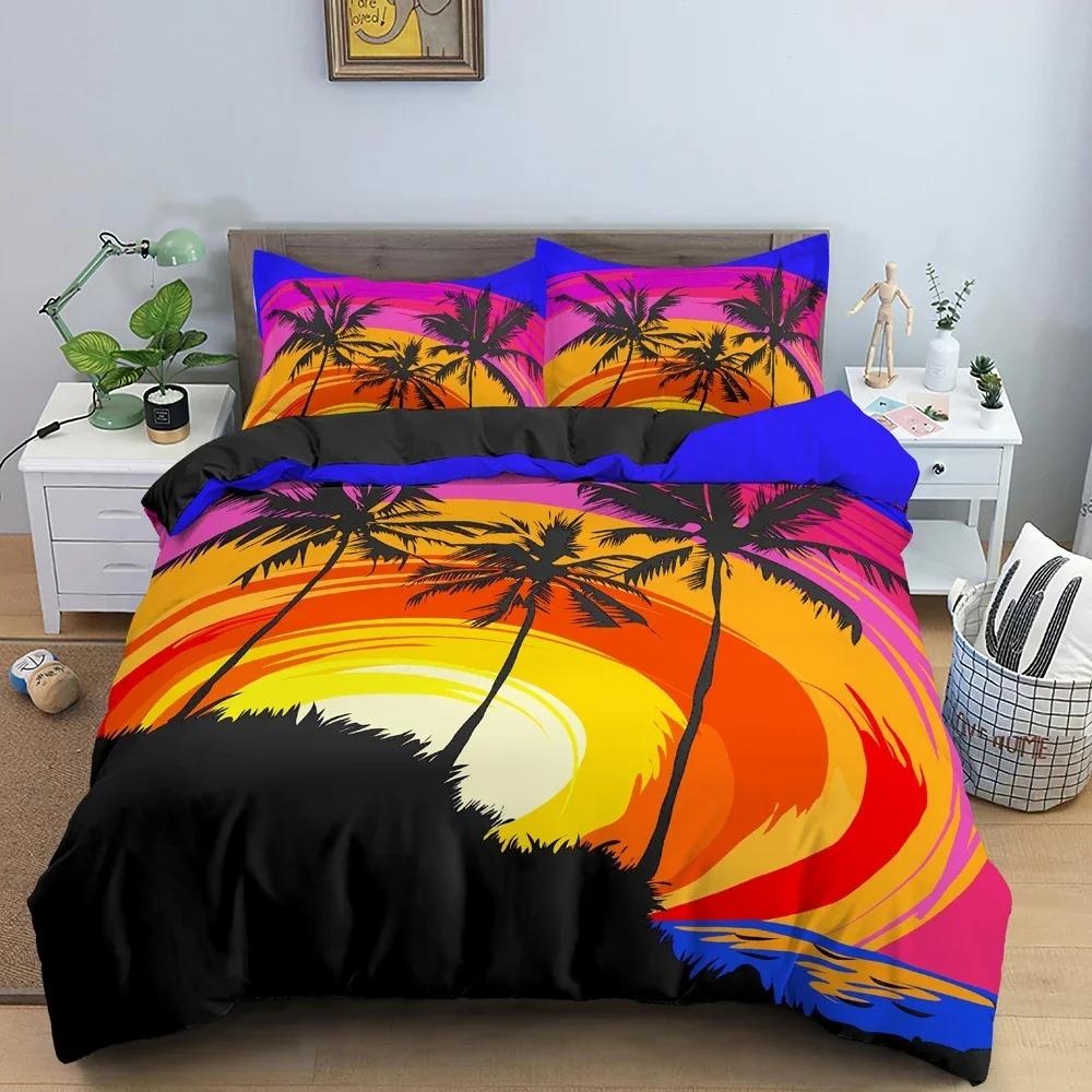 Tropische Bäume Bettbezug-Set Kokospalmenmuster Bettdeckenbezug Bettwäsche-Set Steppdeckenbezug mit Kissenbezug King-Size-Bettwäsche