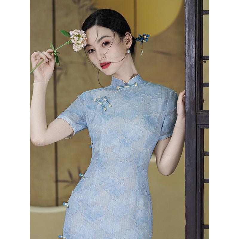 New Chinese cheongsam 1011 new temperament improved blue summer simple and elegant long slim dress