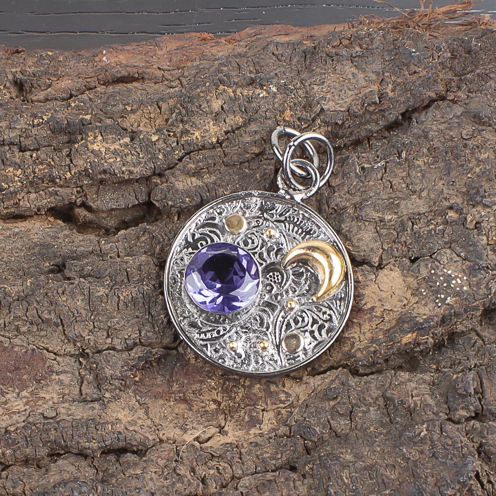 Iolith-Anhänger, handgefertigter Edelsteinanhänger, Anhänger aus massivem 925er Sterlingsilber, antiker Schmuck, ideales Verlobungsgeschenk