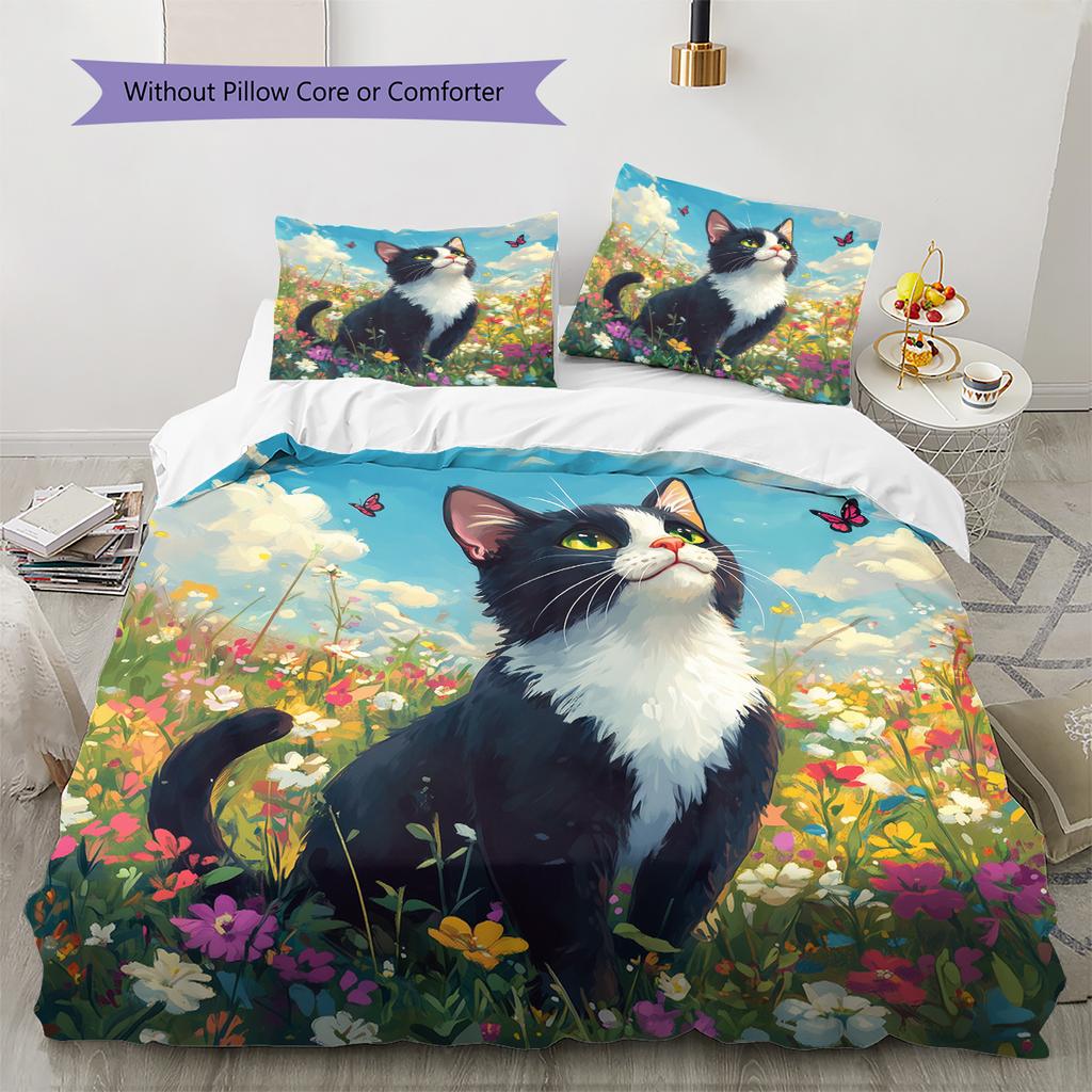 Beautiful Cow Cat Pattern Bedding Home Decoration Birthday Gift (1 * duvet cover + 2 * pillowcase, without core)