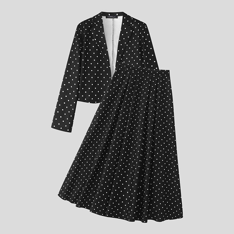 

INCERUN Men Long Sleeve Polka Dots Cropped Blazer and Long Skirts Sets Outfits S чёрный