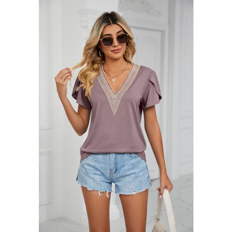 Spring Summer Gold Lace V-neck Tile Short Sleeved Solid Color T-shirt Top T-Shirts Women’s