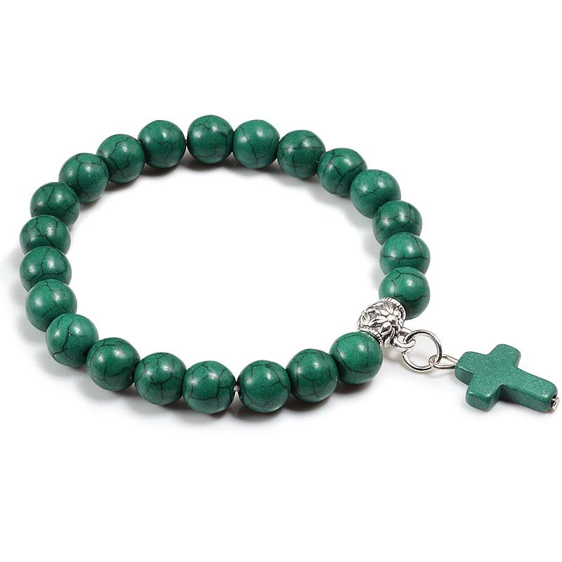 Turquoise Lava Stone Cross Pendant Bracelet with Elastic Cord