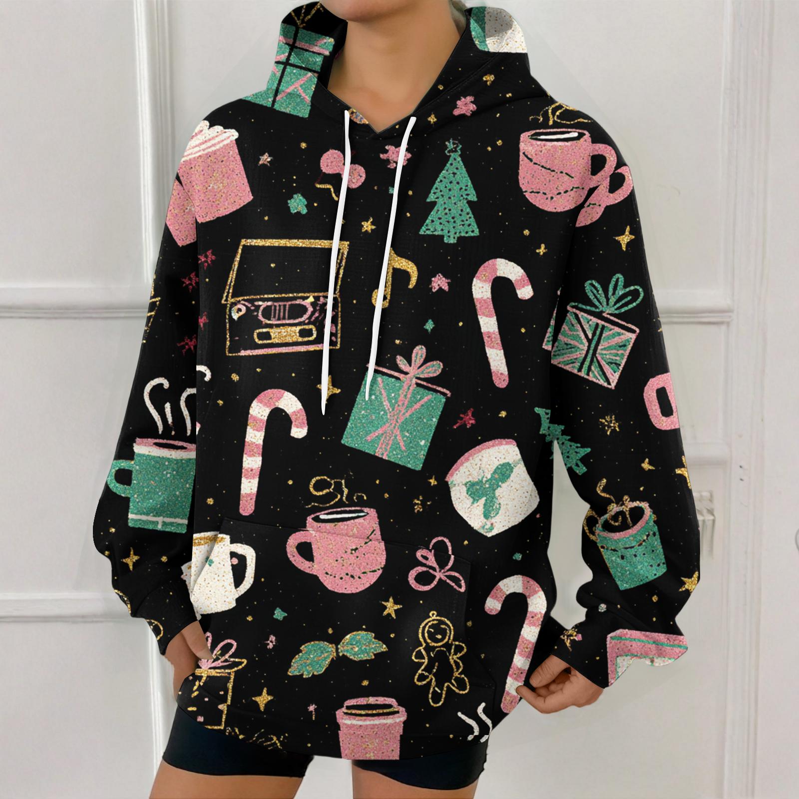 

Женская модная толстовка с рождественским принтом, повседневная толстовка с капюшоном и карманами L чёрный