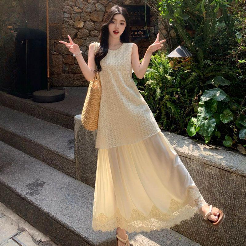 Plus Size French Style Lace Patchwork Tank Dress - Flattering & Slimming Summer Two-Piece Look