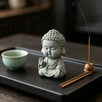 Buddha Ornament Green Sandstone Small Statue Tea Pet Mini Landscape Decor For Garden Bonsai Rockery Micro Scene Home