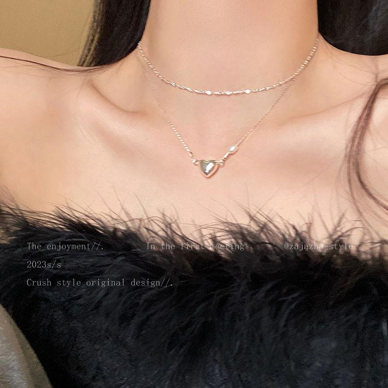 Double Layer Stacking Wear~ Love Collarbone Chain Female Tide Ins Simple Cold Wind Personalized Necklace Fashion Temperament Pendant Neck Chain