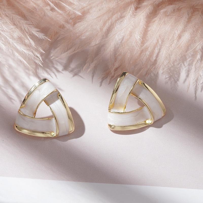 S925 Sterling Silver Triangular Stud Earrings with Retro French Enamel Drip - Elegant and Trendy Ear Jewelry