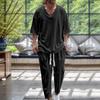 Men's V-neck Two-piece Set Fashion Comfortable Cotton Hemp Korean Style Street Loose Long-sleeved Drawstring Pants Casual Suit