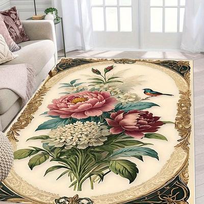 1pc Elegant Floral Bird Area Rug Crystal Velvet, Large Square Carpet with Vibrant Pink Peonies & Green Foliage, Perfec
