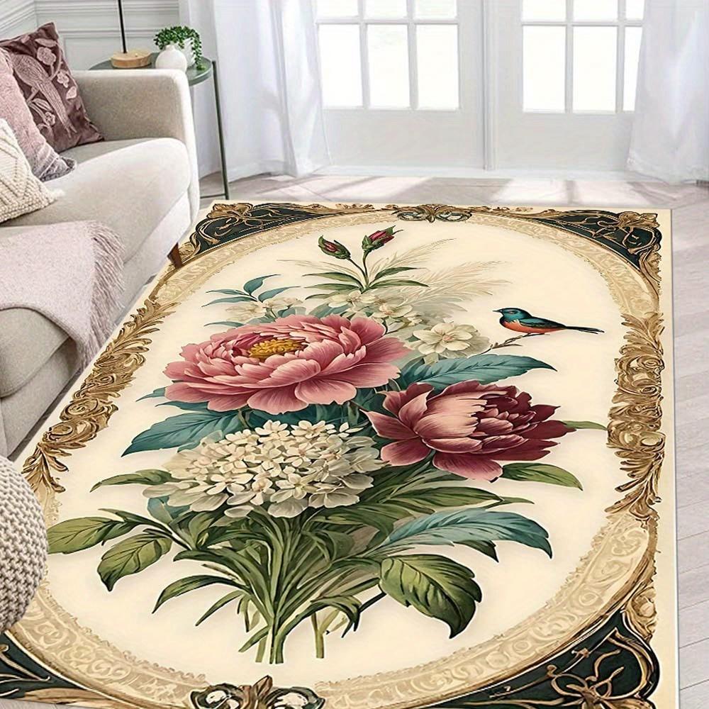 1pc Elegant Floral Bird Area Rug Crystal Velvet, Large Square Carpet with Vibrant Pink Peonies & Green Foliage, Perfec