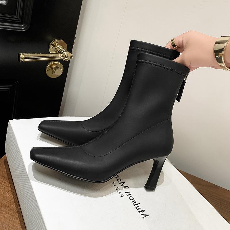 European and American Fashion Temperament Elastic Thin Boots 2025 Autumn New Square Head Thin Heel Rear Zipper High Heel Small Short Boots Women