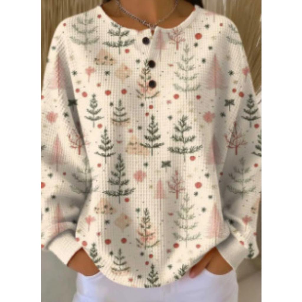 Women's Crew Neck Long Sleeve Waffle Knit Henley Top Loose Fit Casual Sweatshirt