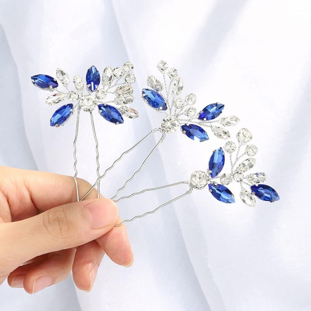 

3pcs Handmade Rhinestone Hairpin Elegant Women Tiara Stylish Wedding Head Jewelry Girl синій