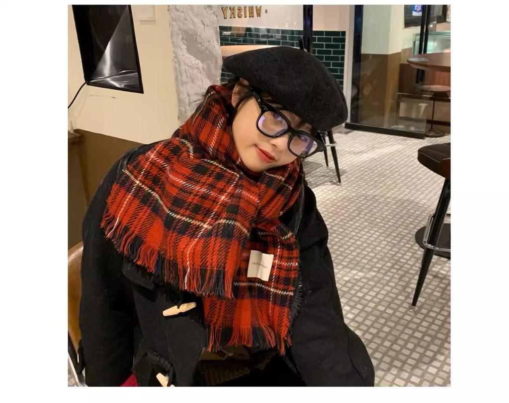 Festive Atmosphere/red Plaid Retro Scarf Female Korean Version Versatile Ins Scarf To Keep Warm Student Couple Shawl