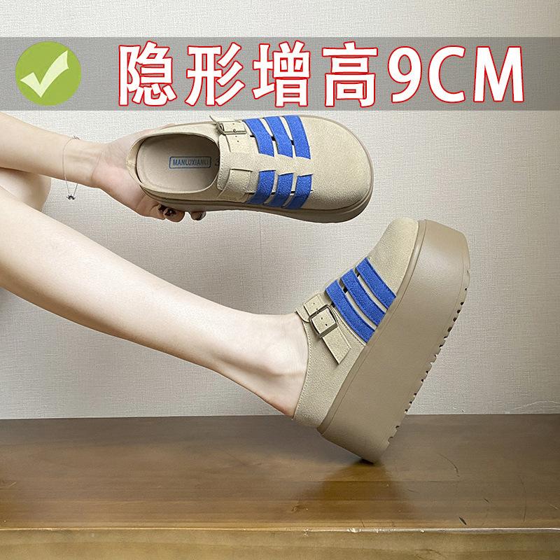 

Маленькие тапочки из пробки, увеличивающие рост, женские, с закрытым носком, для улицы, повседневные, полузакрытые, в стиле ретро, парные, полушлепанцы, для ленивых ног 38 синий