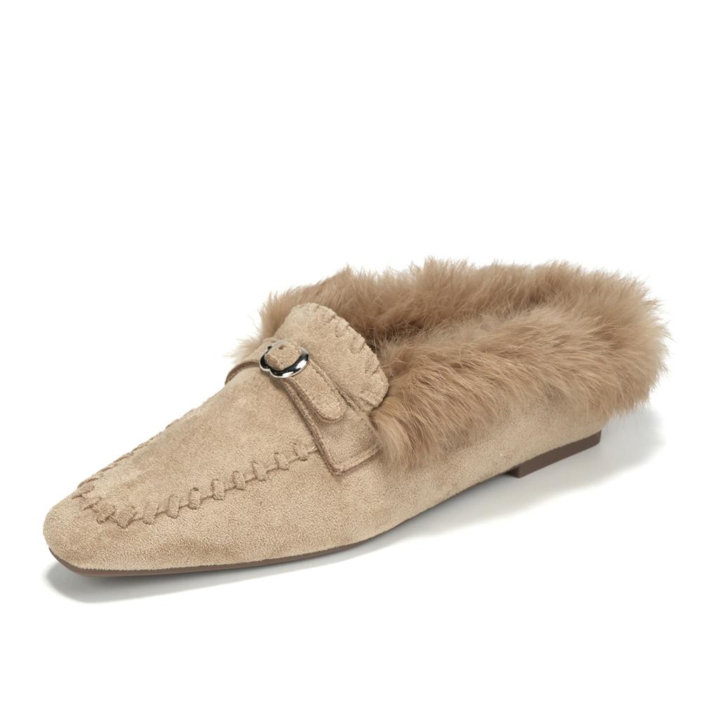 Ciabatte da donna alla moda a punta con fibbia e cinturino, mules con zeppa, calzature invernali calde e casual per donna, pantofole morbide Mujer