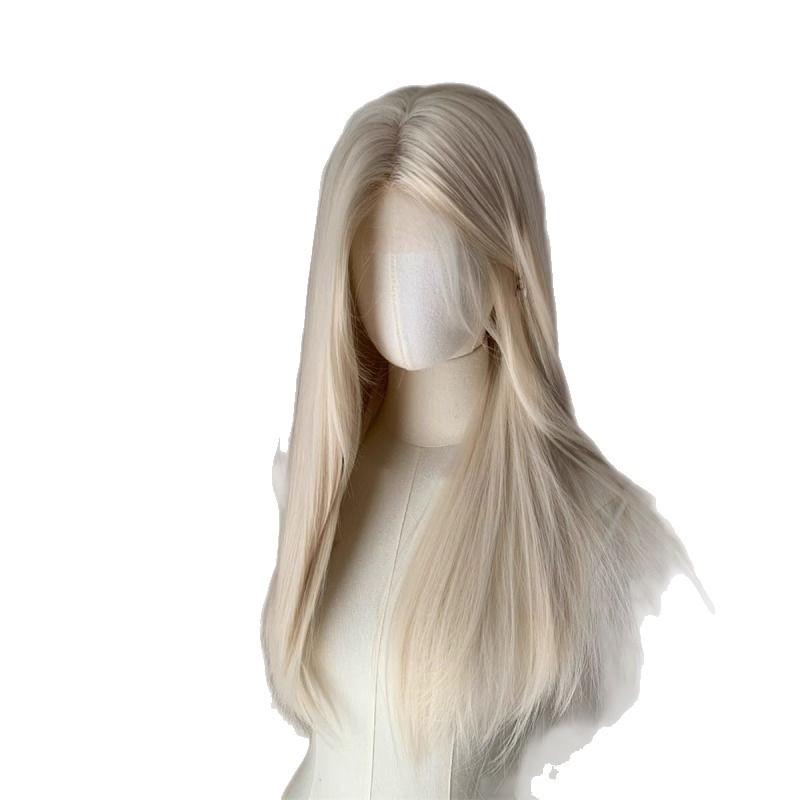 White Blue Platinum Long Straight Wig, Small Lace Front Realistic Full Head Wig For Women Fashion Styling