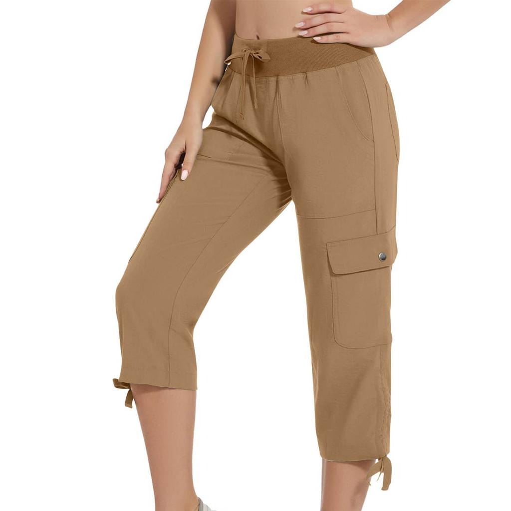 Damen Outdoor Capri-Hose mit Taschen Lockerer Schnitt Kordelzug Taille Reise Lässig Sieben-Achtel-Hose für den Alltag