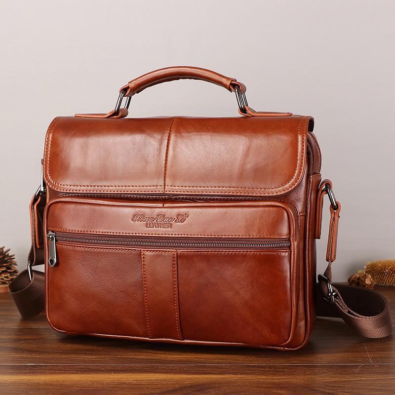 Мужской кожаный портфель в стиле ретро, сумка-мессенджер из воловьей кожи первого слоя, большая вместимость, наплечная сумка, многофункциональная сумка 28*11*23 тёмно-рыжий