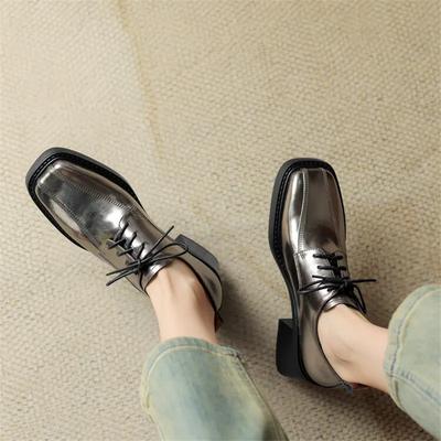 Fashion New Spring Autumn Split Leather Women Loafers Square Toe Chunky Heel Lace High Heels Comfort Women Pumps Shoes for Women Silvery