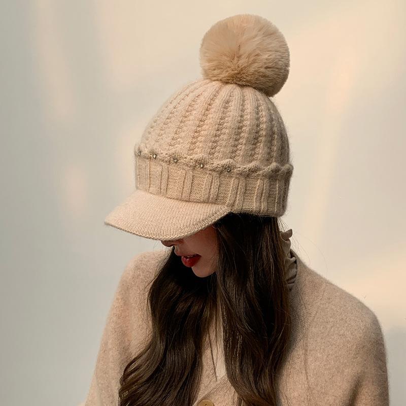Knitted Baseball Cap Female Rabbit Hair Blended Cap Fleece Warm Wool Cap Autumn And Winter Cold Ear Protector Tide