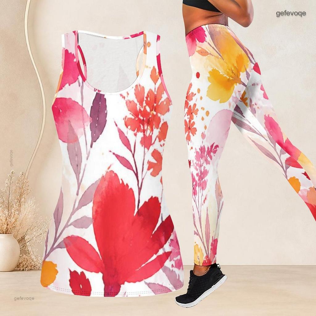 Women Plus Size Two Piece Set Scoop Neck Sleeveless Tank Top Fitted Floral Printed Pants Orange Blue Off White