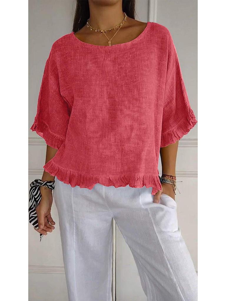 2025 Women's Loose Fit Short Sleeve Cotton Linen Shirt - Solid Color, Round Neck, European & American Style.